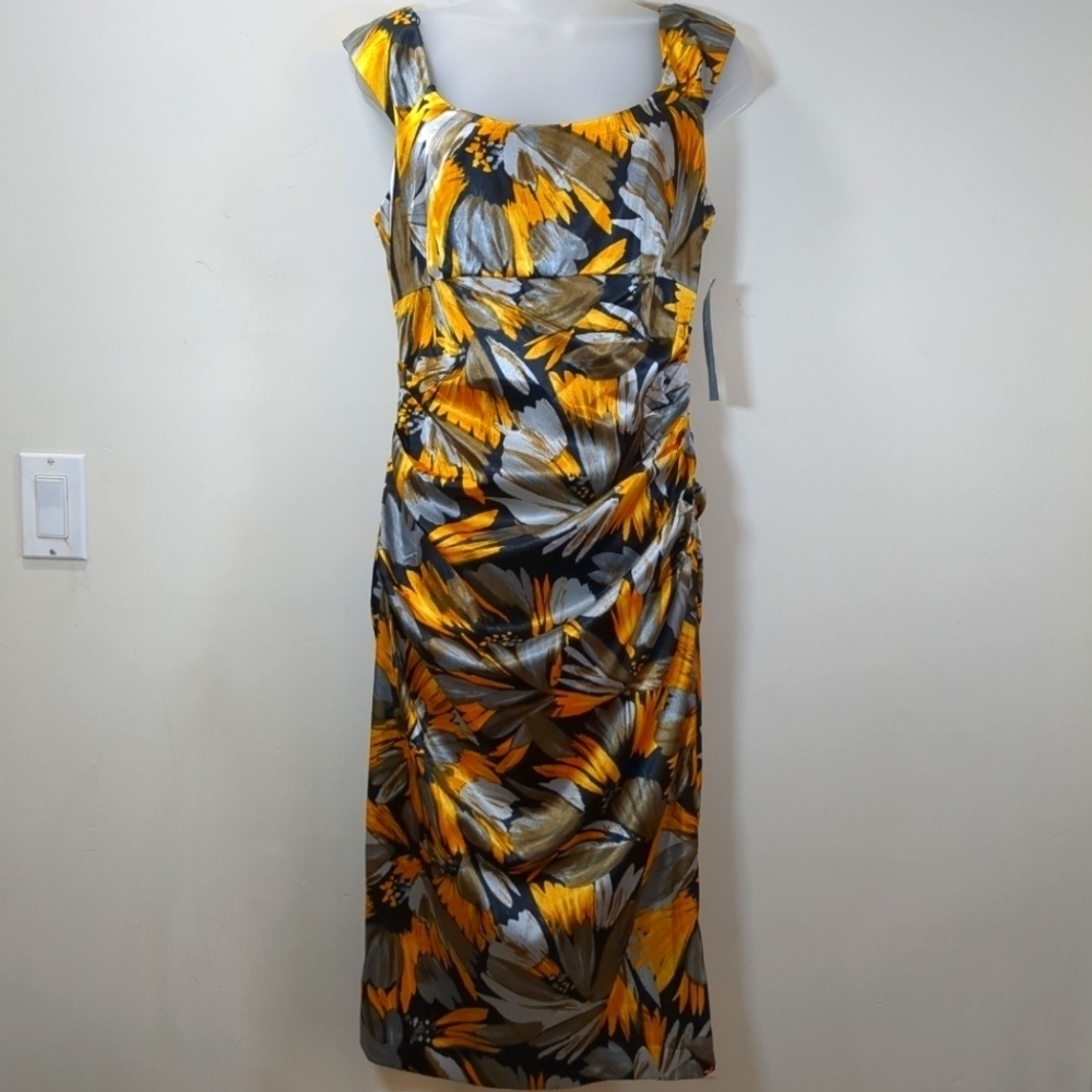 London Times Women's Sleeveless Ruched Floral Black/Yellow Dress NWT , Size 10
